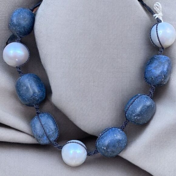 NWT New Margo Morrison Grey Baroque Pearls/Dumortierite Leather Rope Bracelet - Picture 3 of 7